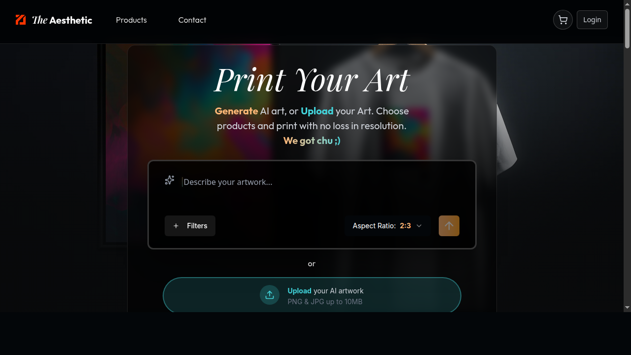 The Aesthetic AI platform showing AI art generation and print products