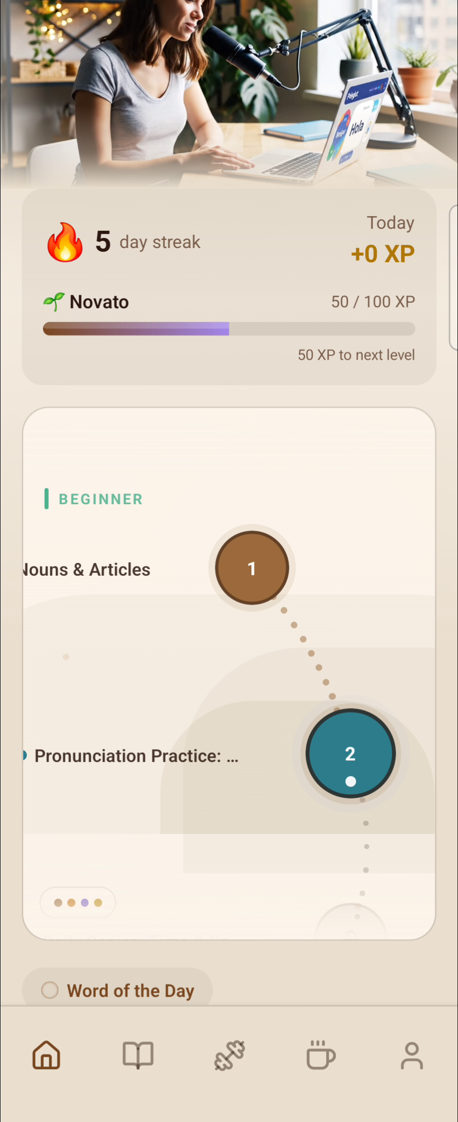 Polyglot AI app homescreen showing language lessons